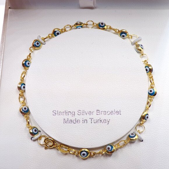 Sterling Silver Turkish Evil Eye Bracelet, Gold Finish, Protection Jewelry - Picture 2 of 6